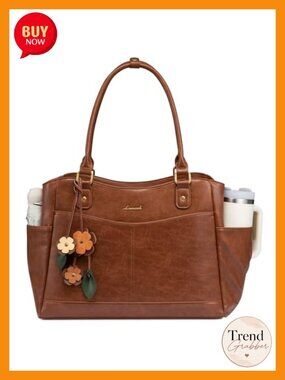 Vintage Work Tote Bag with Flower Pendant, Faux Leather Laptop Bag